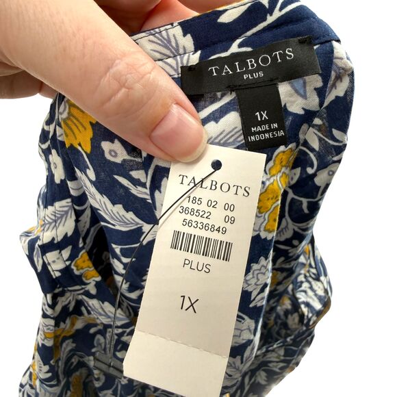 Talbots 1X Fabulous Floral Popover Top Split Neck Long Sleeve Navy Yellow Blouse - Picture 9 of 10